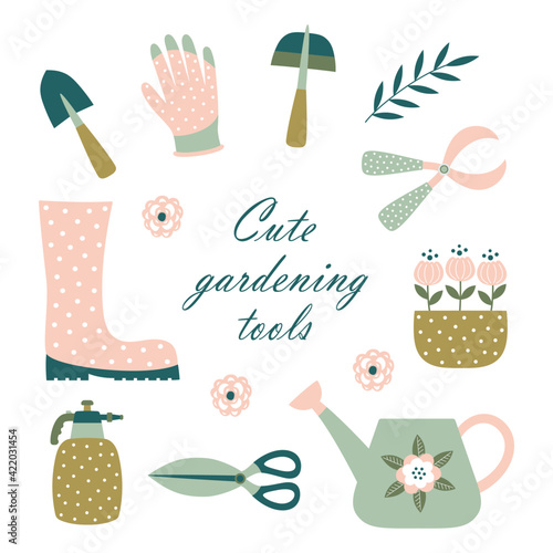 garden tools set, vector illustration of gardening elements isolated on white
