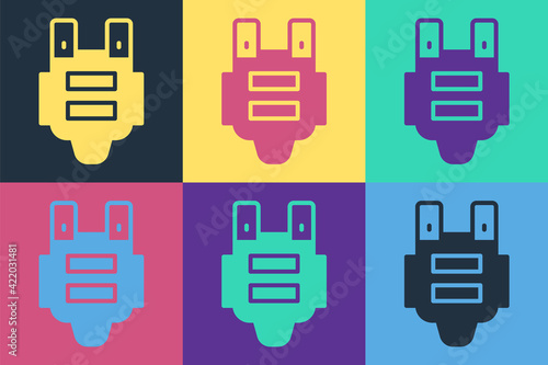 Pop art Bulletproof vest for protection from bullets icon isolated on color background. Body armor sign. Military clothing. Vector
