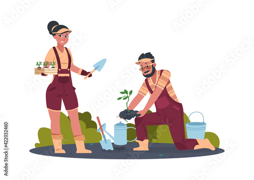 Gardener. Cartoon agricultural workers replanting seedlings. Man and woman working in garden. Young farmers with shovel, watering can and bucket. Vector people growing vegetables or flowers