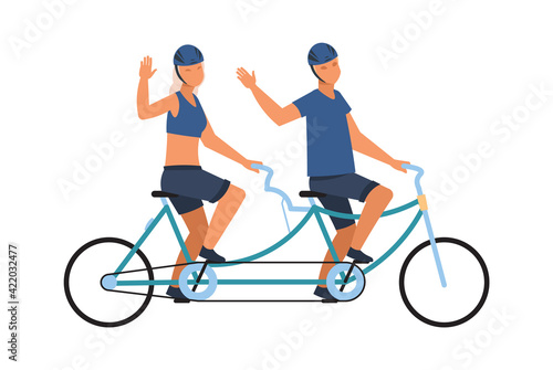 People on tandem bike. Happy male and female character ride on twin bicycle and waving hand, couple healthy lifestyle, man and woman in sport clothes and helmet vector illustration