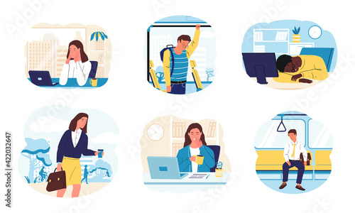 Tired people. Cartoon sleepy persons at home and in office. Workers fell asleep while sitting at desk or riding in transport. Dozing characters set. Vector men and women with drowsiness