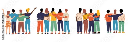 Friends from behind. Hugging happy characters back view, friendship illustration with boys and girls standing together. Group of friends, men and women good relationships vector set photo