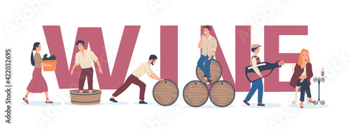 Winemaking banner. Process of wine production. People harvesting grapes and preparing alcoholic beverage in barrels, vector delivering of bottles with drink to clients in shops or bars