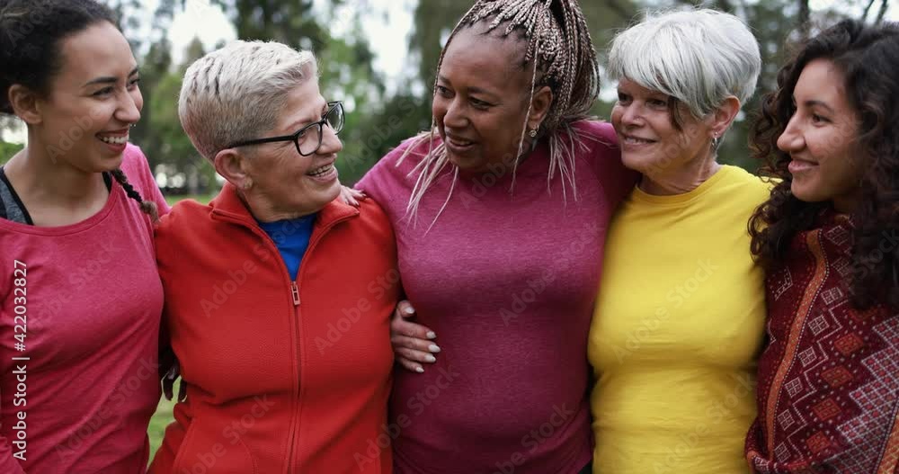 Happy multi generational women having fun together - Multiracial friends after sport workout outdoor