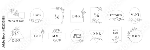Herb minimal logo. Wedding monograms with newlyweds' names. Floral contour frames for greeting and invitation cards. Blooming flowers and plant branches. Vector calligraphic borders set