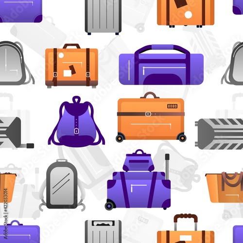 Suitcase pattern. Seamless texture of travel luggage and journey backpack. Baggage for adventure. Purple handbags and rucksacks, orange valises on wheels. Vector decorative background