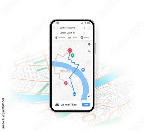 Phone map UI. Mobile application with transport location and route direction. Smartphone navigation interface of GPS app for path planning and way tracking. Vector city travel scheme