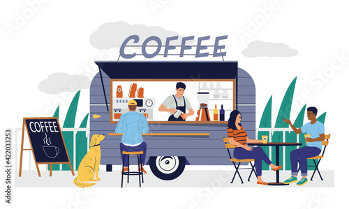 Coffee shop. Cartoon street cafe in van trailer, small family business. City outdoor bar with signboard or billboard and tables for customers. Vector people drinking caffeine beverages