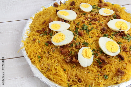 Freshly cooked Filipino food called Pancit Malabon photo