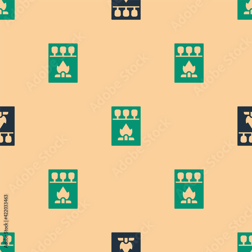 Green and black Open matchbox and matches icon isolated seamless pattern on beige background. Vector