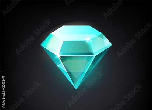 Diamond. Cartoon shining blue precious stone. Isolated jewelry mockup with light reflection on edges. Sparkling faceted crystal for inlaid rings and necklaces. Vector video game loot