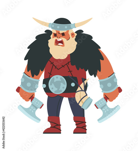 Viking. Cartoon Scandinavian warrior. Shouting strong man with battle axes and horn. Muscular berserker wears fur cape and metal buckle belt. Vector isolated bearded person in helmet