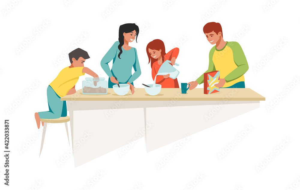 Family at home. Mother and father with children cooking breakfast together. Cartoon people preparing cereals in kitchen. Parents spend time with daughter and son, vector illustration Family at home. Mother and father with children cooking breakfast together. Cartoon people preparing cereals in kitchen. Parents spend time with daughter and son, vector illustration