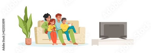 Family watching TV. Parents and children at home. Cartoon mother and father with kids embracing sitting on couch in living room. Young people spend time together. Vector leisure activities