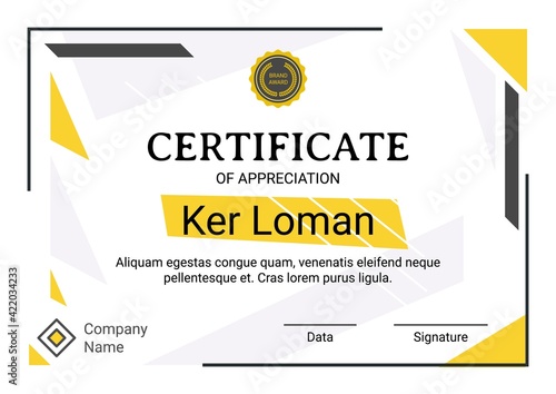 Minimalist diploma with seal, corporate logo and signature. Vector certificate template, black yellow colors, professional achievements document, graduation letter for company or school