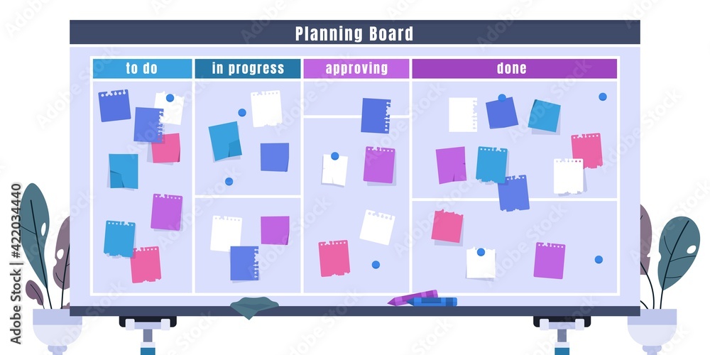 Kanban board. Schedule planner with pinned stickers. Front view of whiteboard divided into sections to track tasks progress. Scheduling and time management. Vector goal visualization Kanban board. Schedule planner with pinned stickers. Front view of whiteboard divided into sections to track tasks progress. Scheduling and time management. Vector goal visualization