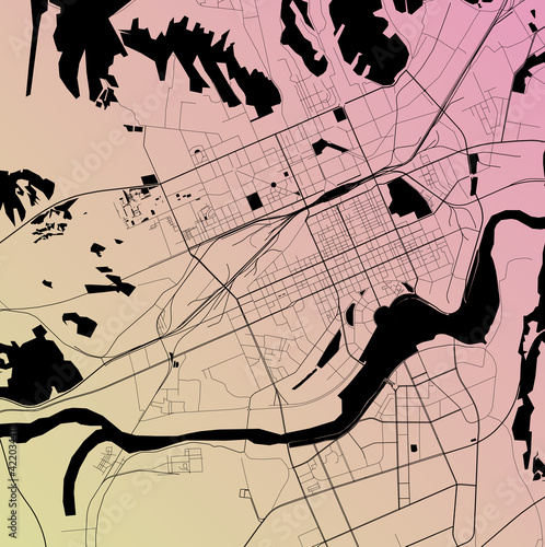 Mudangiang, Heilongjiang, China - Urban vector city map with parks, rail and roads, highways, minimalist town plan design poster, city center, downtown, transit network, street blueprint