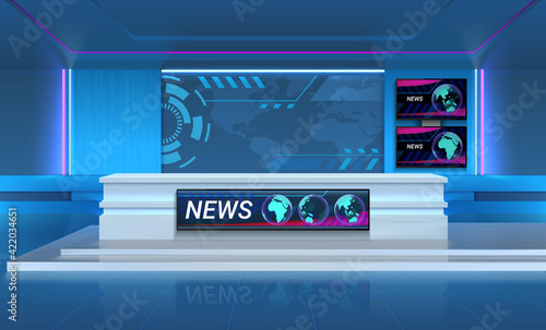 Studio for recording TV breaking news. Realistic 3D broadcasting room with speaker's table and television screens. Stepped floor and colorful backlights on walls. Vector interior mockup