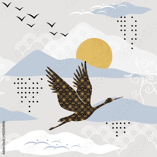 Japanese art. Traditional Asian floral and natural print. Oriental mountain landscape. Crane flying in cloudy sky. Decorative banner with minimal graphic elements. Vector illustration
