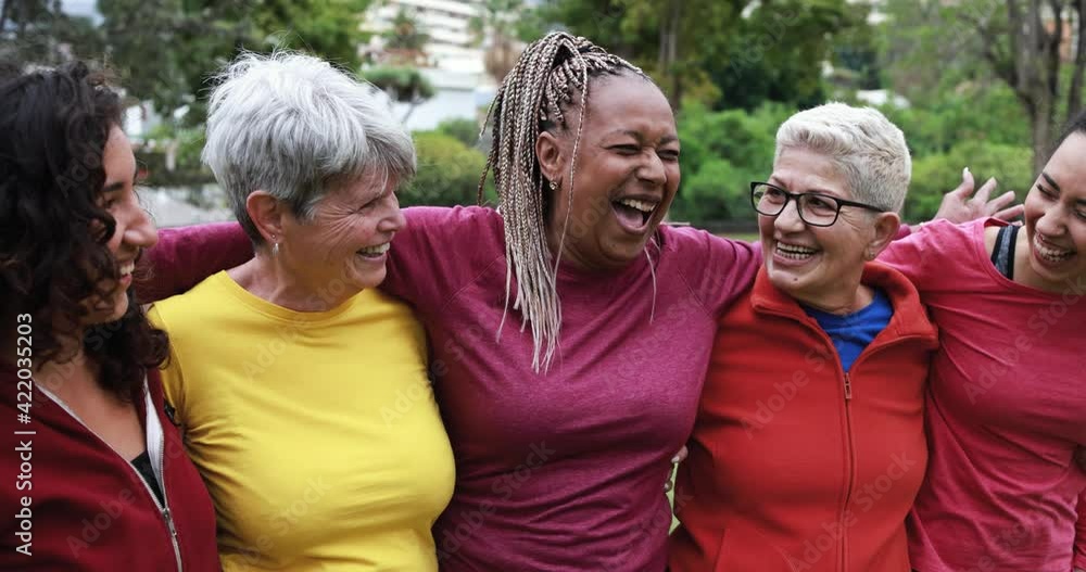Happy multi generational women having fun together - Multiracial friends after sport workout outdoor