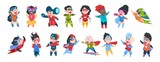 Superhero boys and girls characters. Cartoon kids in super hero costumes. Funny children standing in heroic poses. Young fighters against evil. Vector comic set of brave little rescuers
