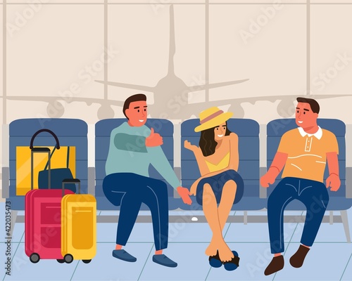 People in airport. Men and woman sitting with luggage in vestibule. Young characters talking. Tourists waiting for departure and boarding airplane. Traveling by air, vector illustration