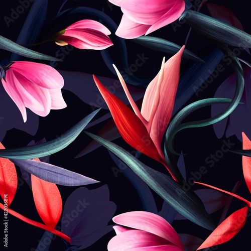 Seamless floral pattern with magnolia. Elegant textile design
