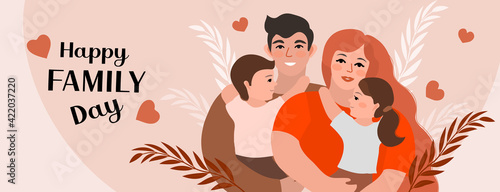Family day. Happy international day of families. Cute couple with childrens, father and mother hug children with love. Vector illustration
