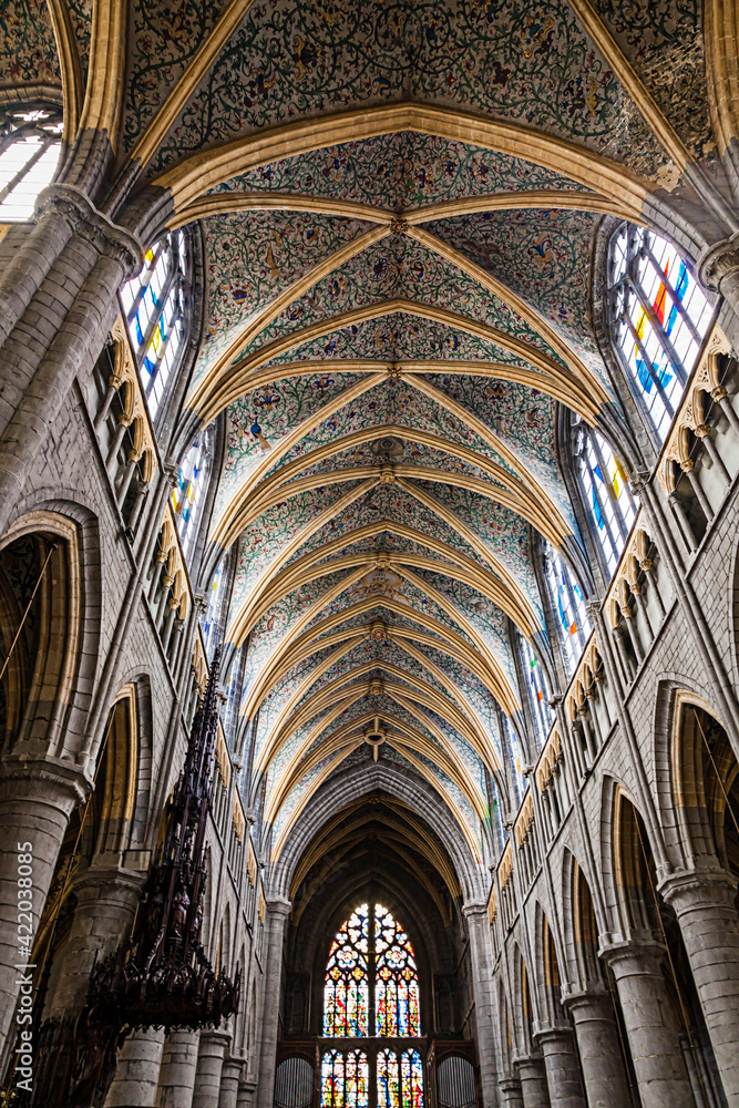 The graceful Gothic vault extends aboard the Cathédrale St-Paul, Liège, Belgium.