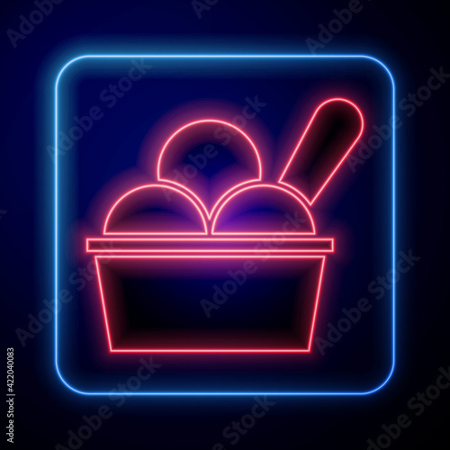 Glowing neon Ice cream in the bowl icon isolated on black background. Sweet symbol. Vector