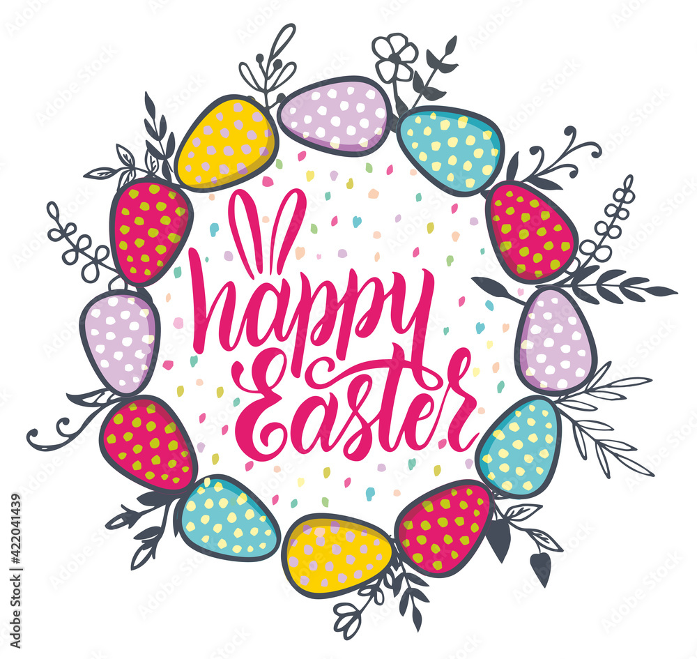 Easter wreath. Cartoon blossom colored branches and eggs around holiday logo, cute elements of spring day, vector illustration of beautiful decoration isolated on white background