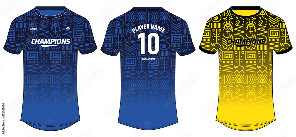 Tribal Pattern Sports t-shirt jersey design concept vector template,  Football jersey concept with front and back view for Soccer, Cricket,  Volleyball, Rugby, tennis, badminton and e sports uniform Stock Vector |  Adobe