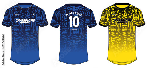 Tribal Pattern Sports t-shirt jersey design concept vector template, Football jersey concept with front and back view for Soccer, Cricket, Volleyball, Rugby, tennis, badminton and e sports uniform