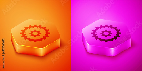 Isometric Bicycle cassette mountain bike icon isolated on orange and pink background. Rear Bicycle Sprocket. Chainring crankset with chain. Hexagon button. Vector