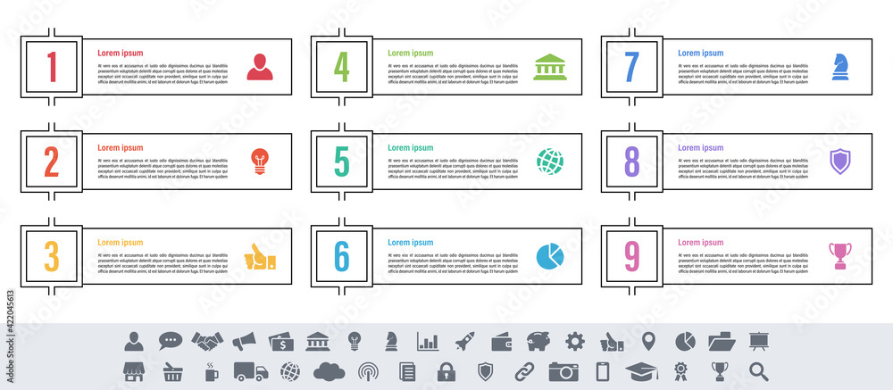 Infographic design business concept vector illustration with 9 steps or options or processes represent work flow or diagram or web button banner Infographic design business concept vector illustration with 9 steps or options or processes represent work flow or diagram or web button banner