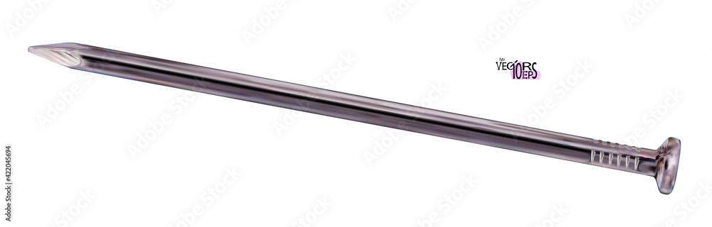 Single realistic metal nail, macro, isolated on white background. Detailed of small close up metal wares. Vector illustration. Single realistic metal nail, macro, isolated on white background. Detailed of small close up metal wares. Vector illustration.