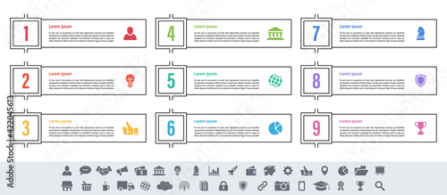 Infographic design business concept vector illustration with 9 steps or options or processes represent work flow or diagram or web button banner