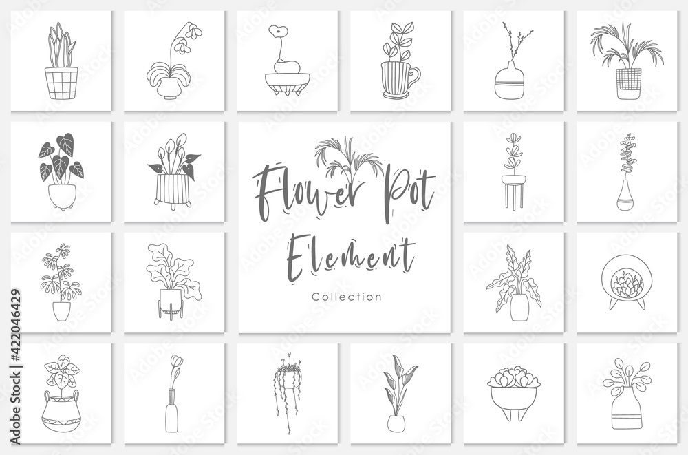 collection flower pot element lineart illustration,