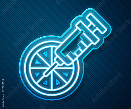Glowing neon line Genetically modified citrus fruit icon isolated on blue background. Orange in a cut. Healthy lifestyle. GMO fruit. Vector