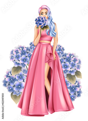 Beautiful girl in pink dress and hydrangea flower. Fashion girl illustration