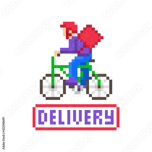 Delivery man with a bag on a green bicycle, pixel art character isolated on white background. Fast food restaurant order mobile app,site icon.Online shopping service symbol. Courier guy on a mission.