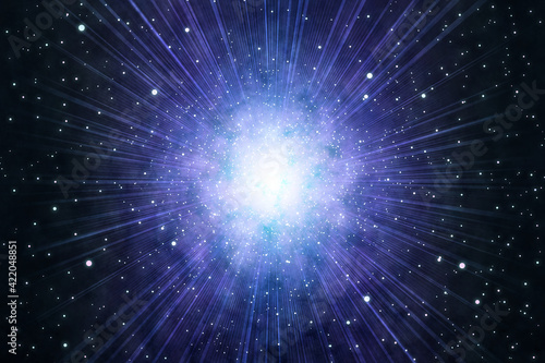 光輝く集中線、球状星団、中央がまぶしく光る星の集まり、超新星爆発のイメージ