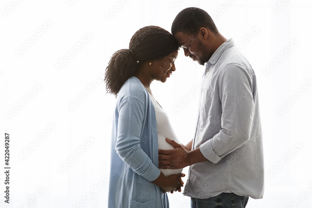 Sensual pregnant black couple cuddling while spending time at home Sensual pregnant black couple cuddling while spending time at home