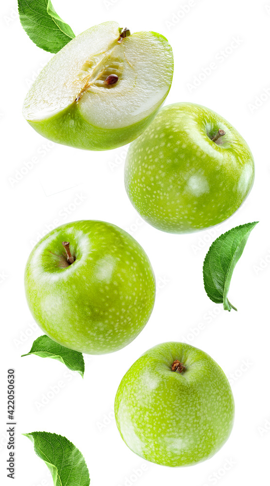 ripe apples group, slices and leaves flying on white background
