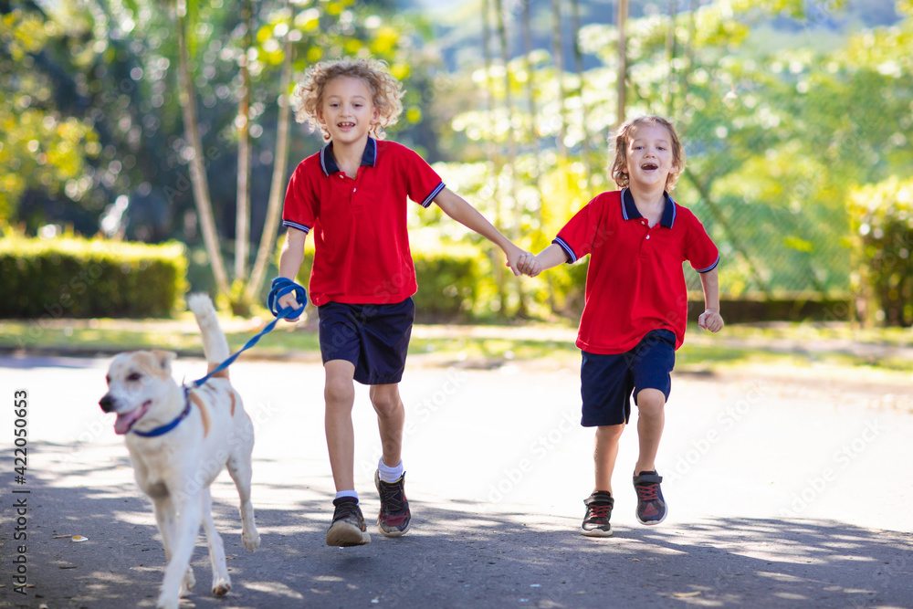 Child walking dog. Kids and puppy. Boy and pet. Child walking dog. Kids and puppy. Boy and pet.