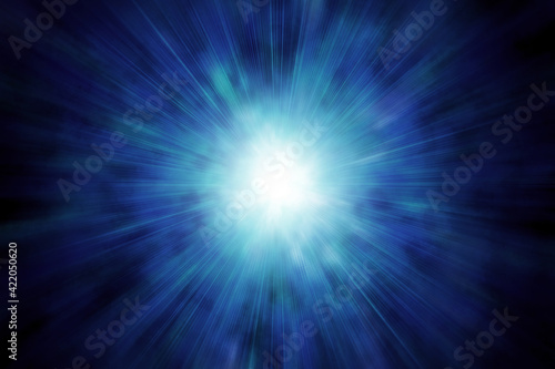 光輝く集中線、青白い星雲、中央がまぶしく光る、超新星爆発のイメージ	
