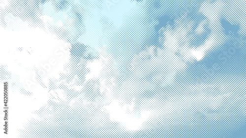 Stylized timelapse of clouds in a grid of dots, like a comic book or animated manga. Anime in 4K/UHD - Retro style in blue and white.