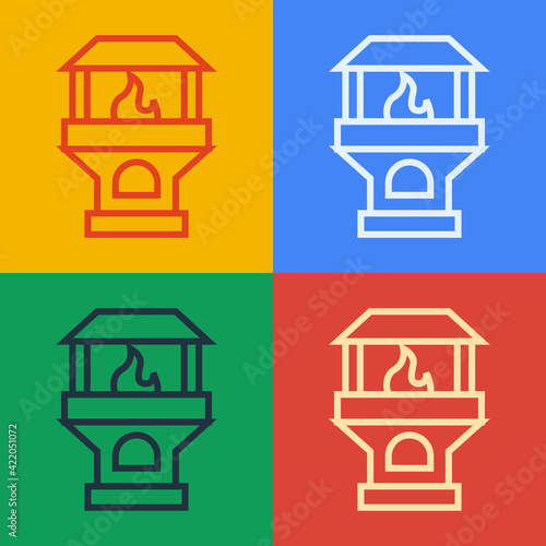 Pop art line Brick stove icon isolated on color background. Brick fireplace, masonry stove, stone oven icon. Vector
