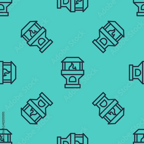 Black line Brick stove icon isolated seamless pattern on green background. Brick fireplace, masonry stove, stone oven icon. Vector
