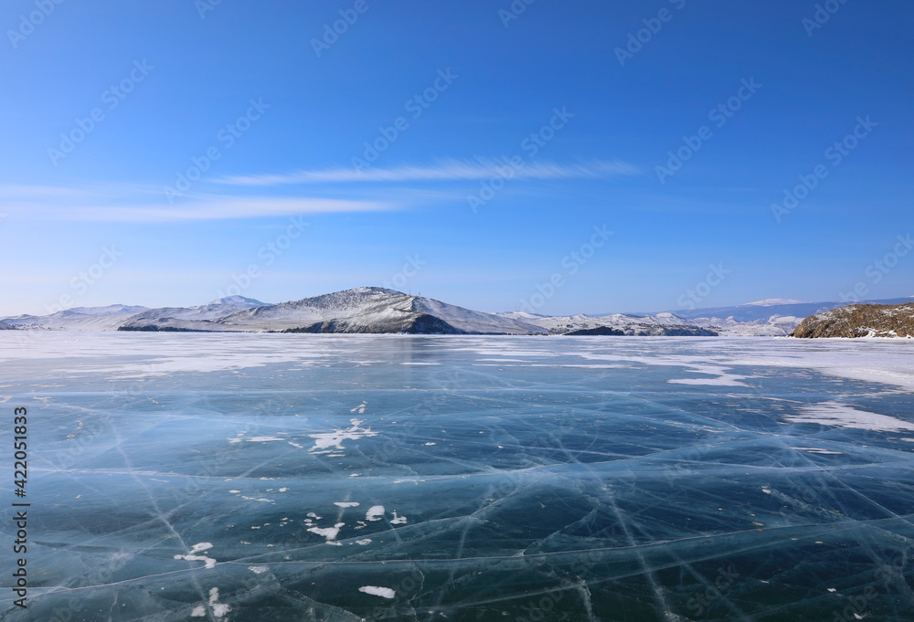 Pure ice of the frozen lake Baikal near Olkhon Island, Russia